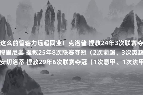 这么的管辖力远超同业！克洛普 捏教24年3次联赛夺冠（2次德甲、1次英超）穆里尼奥 捏教25年8次联赛夺冠（2次葡超、3次英超、2次意甲、1次西甲）安切洛蒂 捏教29年6次联赛夺冠（1次意甲、1次法甲、1次英超、1次德甲、2次西甲）阿莱格里 捏教20年6次联赛夺冠（6次意甲）.......*数据统计至2023-24赛季    澳门买球网体育信息